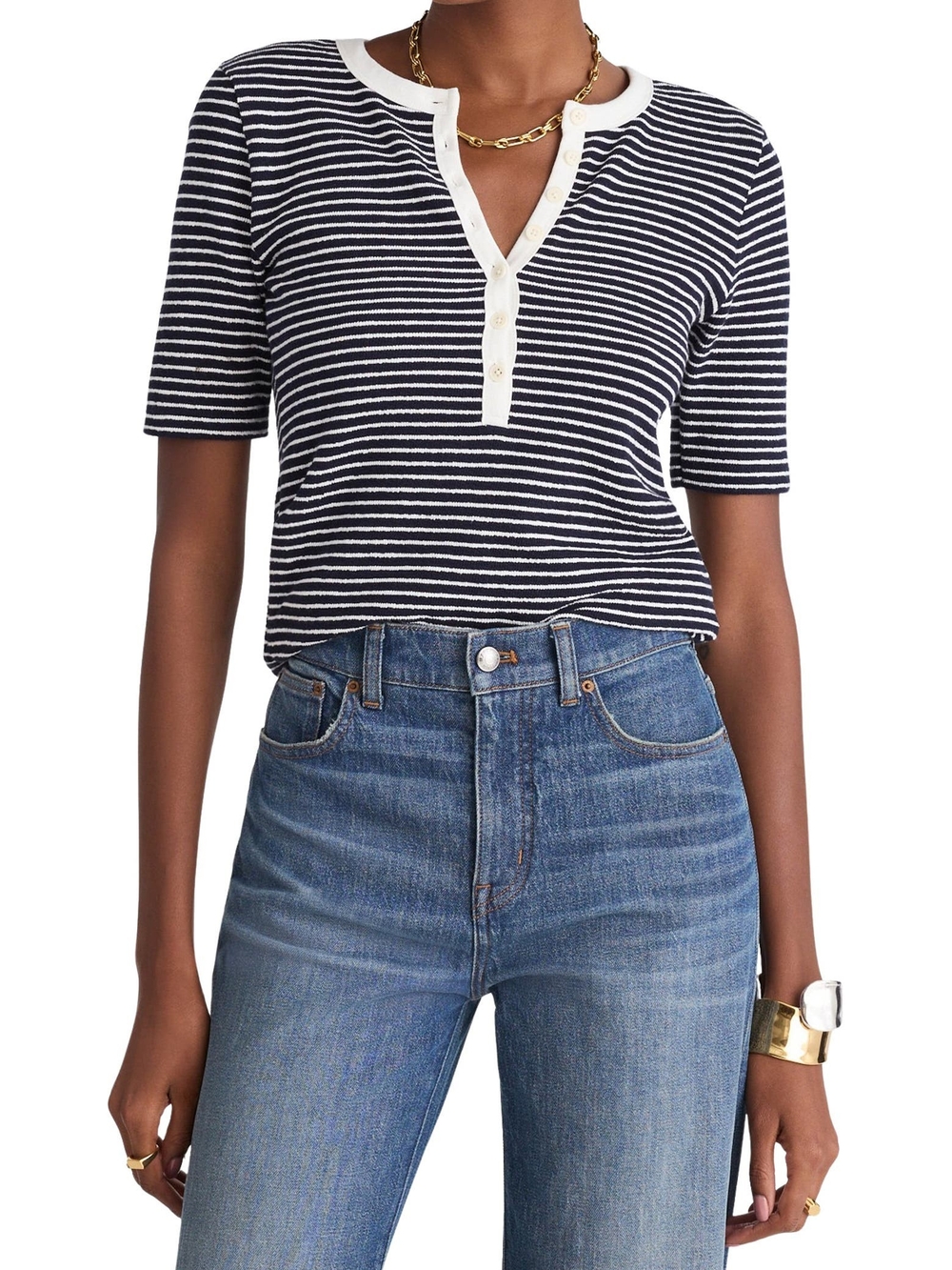 Madewell Striped Elbow-Sleeve Henley Tee - Navy & White Stripe